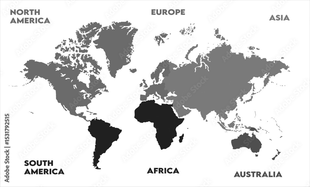 Naklejka premium New modern world map, with names, Europe, Africa, Asia, Australia, North America and South America world map graphic, Countries Silhouettes Stock Illustrations, Vectors