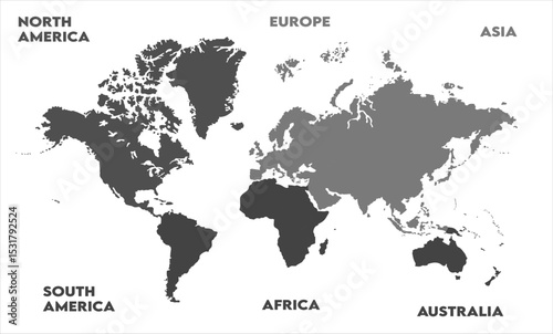 New modern world map, with names, Europe, Africa, Asia, Australia, North America and South America world map graphic, Countries Silhouettes Stock Illustrations, Vectors