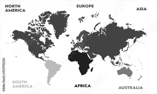 New modern world map, with names, Europe, Africa, Asia, Australia, North America and South America world map graphic, Countries Silhouettes Stock Illustrations, Vectors
