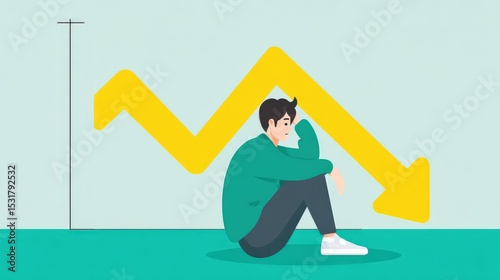 Young Man Sitting with Sad Mood Beside Downward Trend Graph