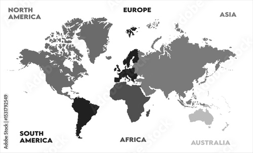 New modern world map, with names, Europe, Africa, Asia, Australia, North America and South America world map graphic, Countries Silhouettes Stock Illustrations, Vectors