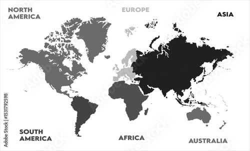 New modern world map, with names, Europe, Africa, Asia, Australia, North America and South America world map graphic, Countries Silhouettes Stock Illustrations, Vectors