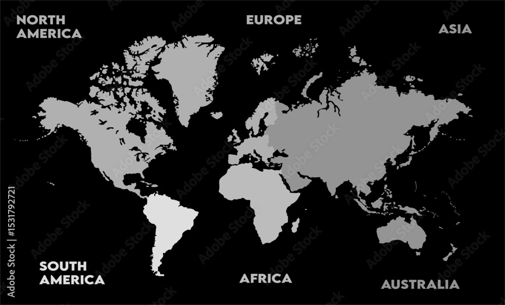 Naklejka premium New modern world map, with names, Europe, Africa, Asia, Australia, North America and South America world map graphic, Countries Silhouettes Stock Illustrations, Vectors