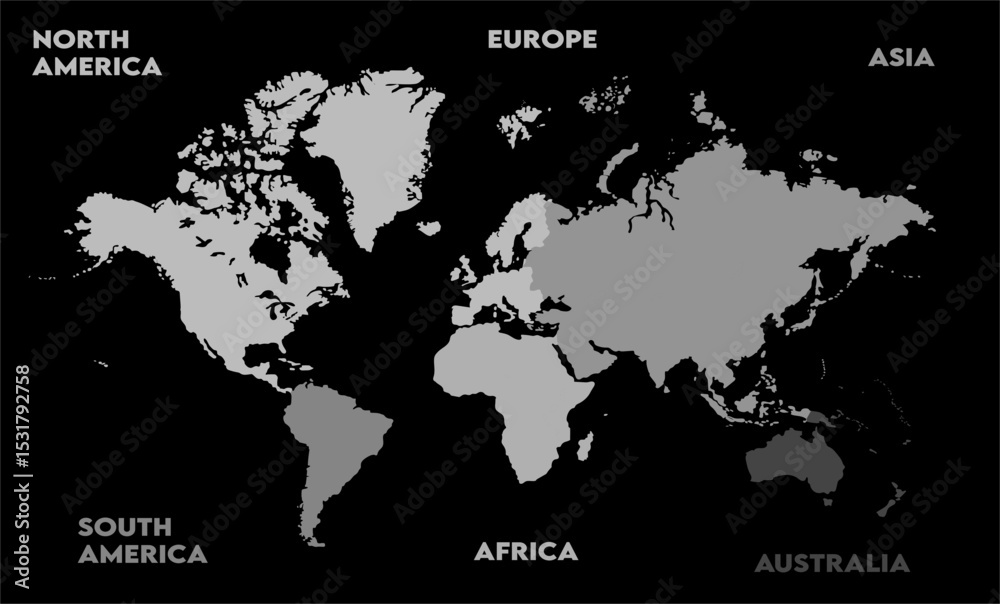 Naklejka premium New modern world map, with names, Europe, Africa, Asia, Australia, North America and South America world map graphic, Countries Silhouettes Stock Illustrations, Vectors