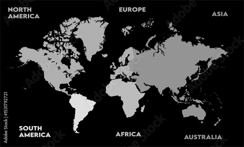 New modern world map, with names, Europe, Africa, Asia, Australia, North America and South America world map graphic, Countries Silhouettes Stock Illustrations, Vectors