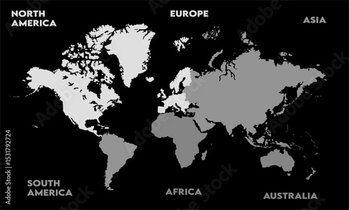 New modern world map, with names, Europe, Africa, Asia, Australia, North America and South America world map graphic, Countries Silhouettes Stock Illustrations, Vectors