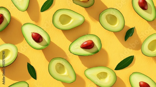 Avocado Halves with Seed on Bright Yellow Background Pattern