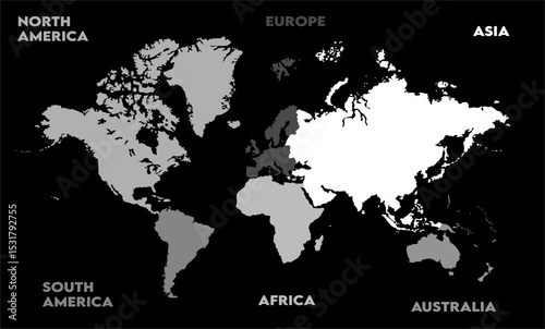 New modern world map, with names, Europe, Africa, Asia, Australia, North America and South America world map graphic, Countries Silhouettes Stock Illustrations, Vectors