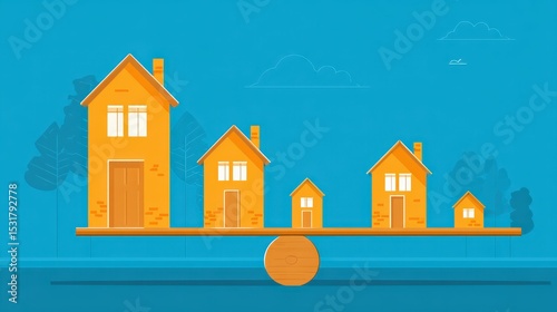 Balancing Houses on a See-Saw in a Vibrant Blue Background