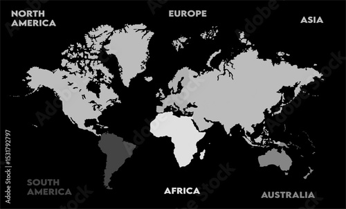 New modern world map, with names, Europe, Africa, Asia, Australia, North America and South America world map graphic, Countries Silhouettes Stock Illustrations, Vectors