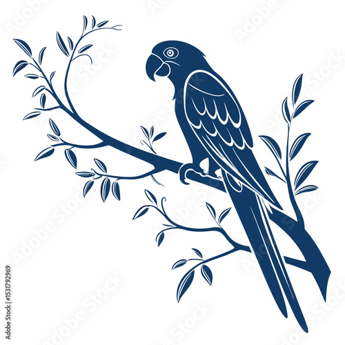 Cute blue parrot on a tropical tree branch illustration