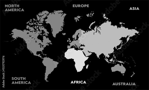 World map grayscale with black bg-13, modern world map graphic, Countries Silhouettes Stock Illustrations, Vectors