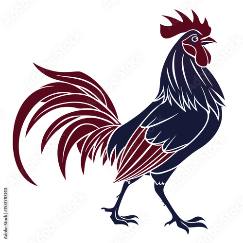 A cartoon rooster, a vibrant farm bird, is isolated on a white background, perfect for a vector illustration