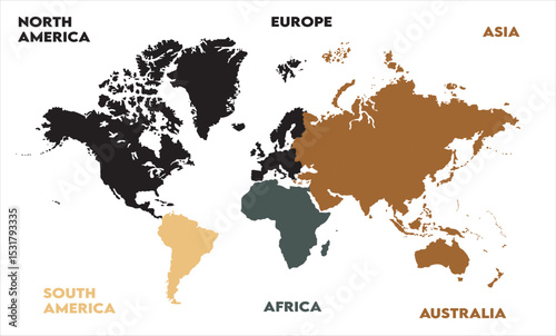 New modern world map, with names, Europe, Africa, Asia, Australia, North America and South America world map graphic, Countries Silhouettes Stock Illustrations, Vectors
