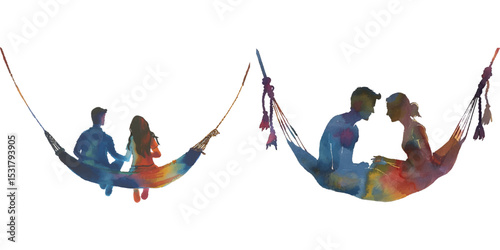 abstract color silhouette of couple swinging on hammock watercolor vector illustration