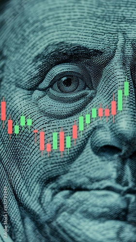 Close up of a hundred dollar bill with a stock market chart overlayed on the face of the bill