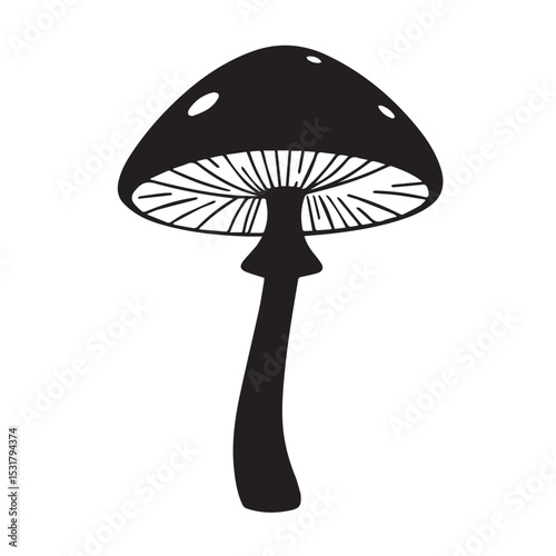 Black and white illustration of a single mushroom