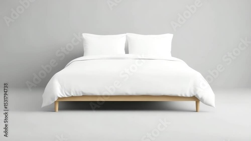 White bedding set on wooden bed frame with two pillows and blanket, creating calm and comfortable bedroom atmosphere for restful sleep and cozy mattress comfort