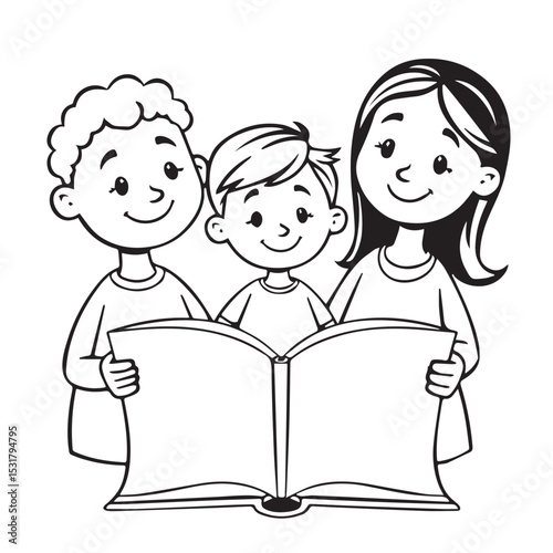Three happy children reading a large book together