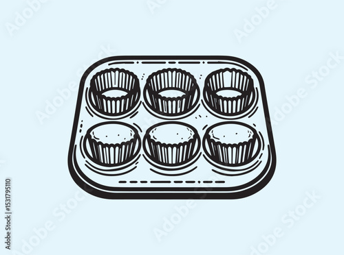 Solid black muffin tin silhouette with six empty cups, isolated on white background