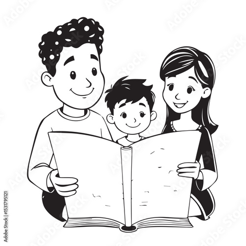 Happy family reading a book together black and white illustration
