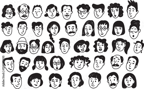 Teen Characters Vector, Cartoon Faces Pack, Hand Drawn Line Art, Young People Portraits, Expression Set, Simple Illustration Design