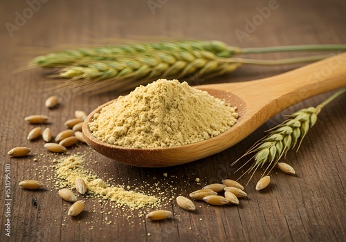 Finely ground barley powder in spoon for organic supplement or recipe background