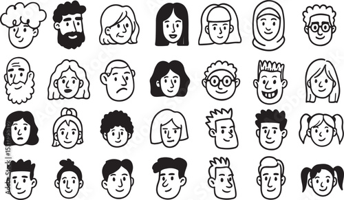 Massive Faces Collection Vector, Hand Drawn People Heads, Black White Line Art, Doodle Illustration Pack, Expression Icons, Character Portrait Set