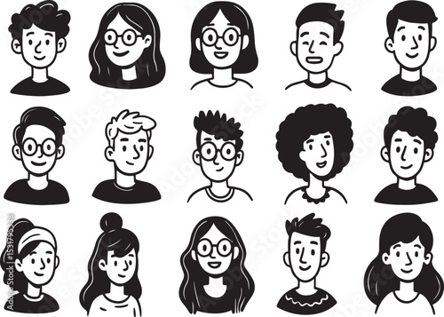 Cartoon People Portraits Vector, Hand Drawn Faces with Glasses, Line Art Characters, Monochrome Avatars Pack, Stylish Illustration, Diverse People Icons