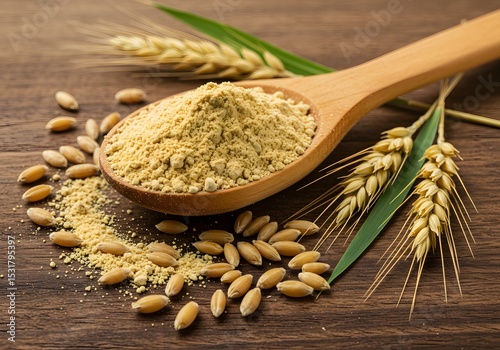 Finely ground barley powder in spoon for organic supplement or recipe background