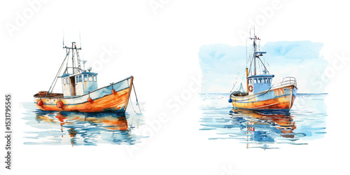 calm ocean with fishing boat watercolor vector illustration