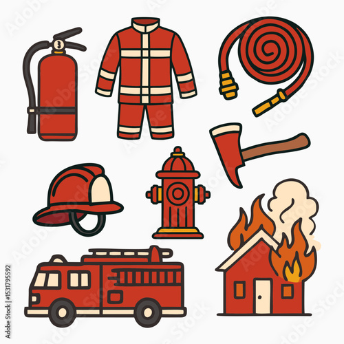 Colored Monoline Firefighter Equipment Icon Set