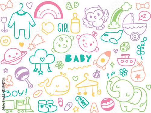 baby doodle icons, pastel baby illustrations, cute baby clipart, baby shower symbols, childlike drawing set, newborn vector sketch, transparent background

