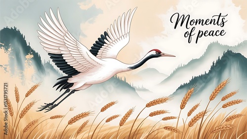 A white crane with black wingtips gracefully soars above a field of golden wheat, set against a misty mountain backdrop. The scene evokes a sense of tranquility and peace.