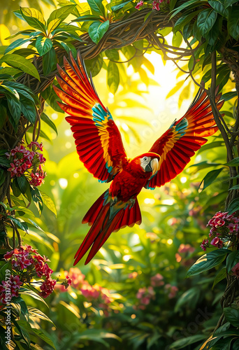 Vibrant Scarlet Macaw in Tropical Canopy