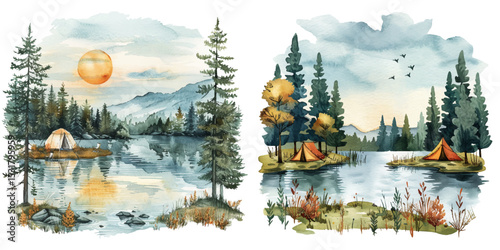 camp lake watercolor vector illustration