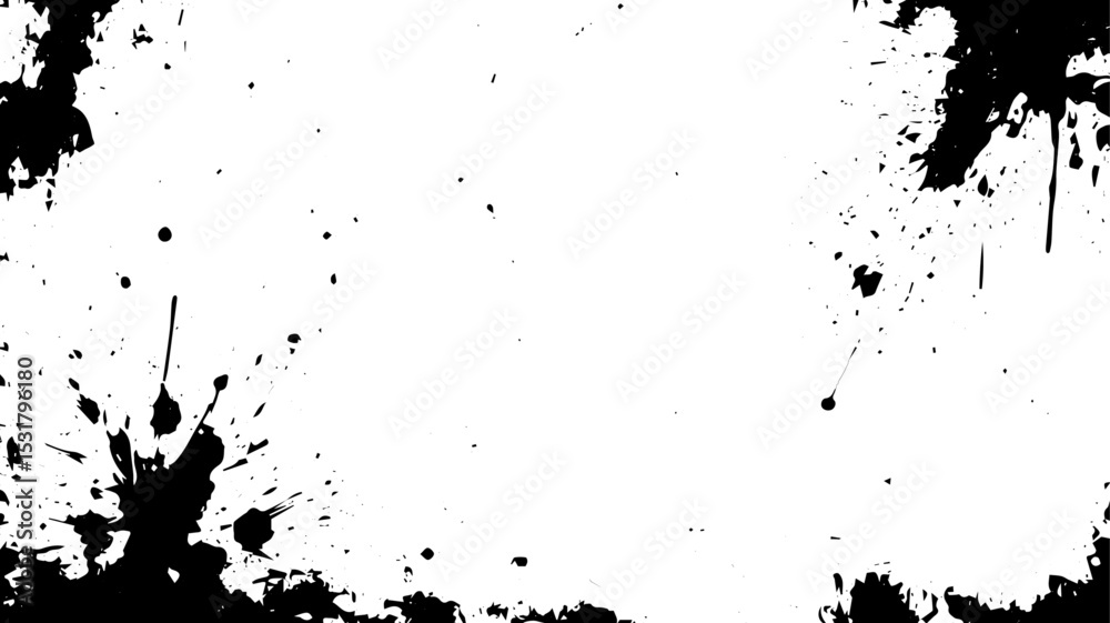 Obraz premium Grunge Ink Frame with Black Paint Splatters on White Background, Abstract Corner Border Texture