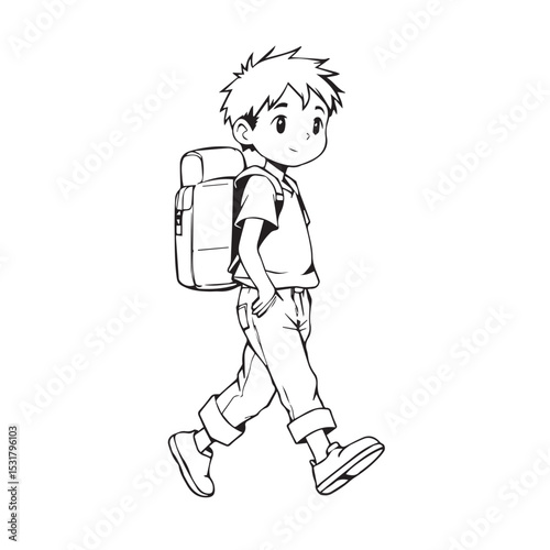 Walking boy cartoon character with backpack