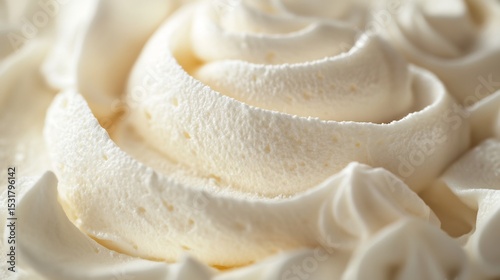 Close up view of honed and finely textured whipped cream artistically layered on a gourmet dessert