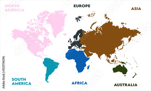 New modern world map, with names, Europe, Africa, Asia, Australia, North America and South America world map graphic, Countries Silhouettes Stock Illustrations, Vectors