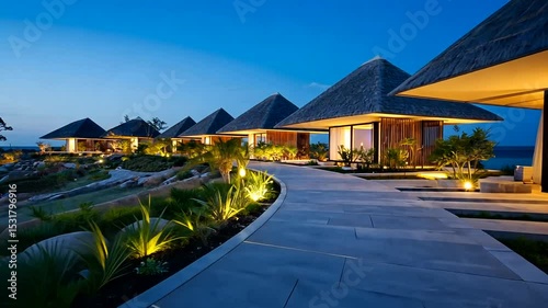 Wallpaper Mural Serene beachfront resort at twilight showcasing modern bungalows amid lush landscaping Torontodigital.ca