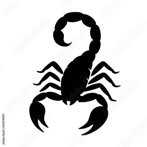 Black scorpion silhouette vector isolated, a dangerous venomous arachnid insect with a raised tail and powerful sting