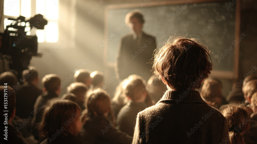Fototapeta premium Cinematic education scene with children attentively watching teacher in softly lit classroom, creating warm and focused atmosphere.