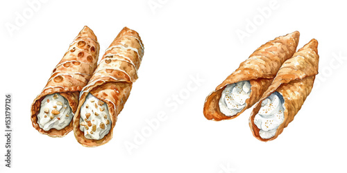 cannoli with cream filling watercolor vector illustration