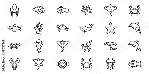 Sea-Creatures outline or line icon design bundle.