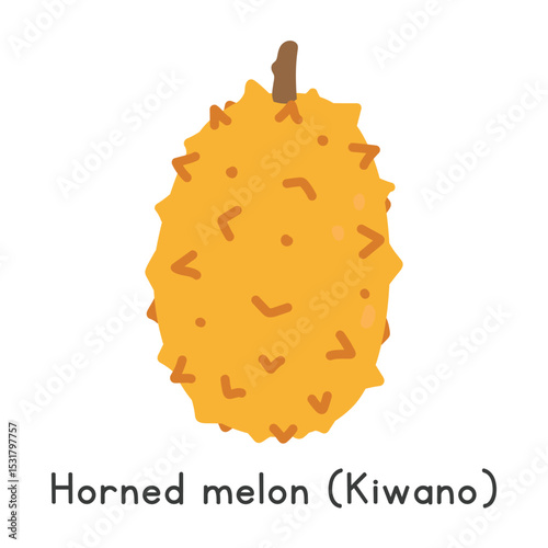 Horned melon flat vector illustration. Yellow horned melon or Kiwano or Cucumis metuliferus cartoon clipart style. Also known as African horned cucumber, jelly melon, spiked melon, or hedged gourd