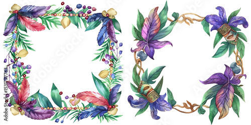mardi gras frame border watercolor vector illustration