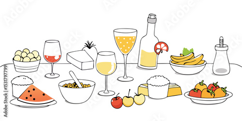 Tabletop still life of food and drink items