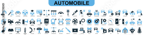 Set of automobile icon vector for various vehicle types, driving tools, and transport symbols. Ideal for UI kits, fleet dashboards, and auto shop interfaces.