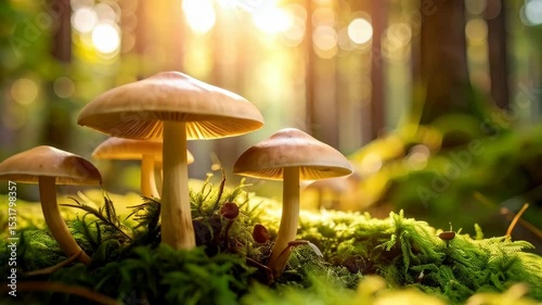 Group of mushrooms growing on moss covered forest floor with sunlight shining through trees in a blurred background